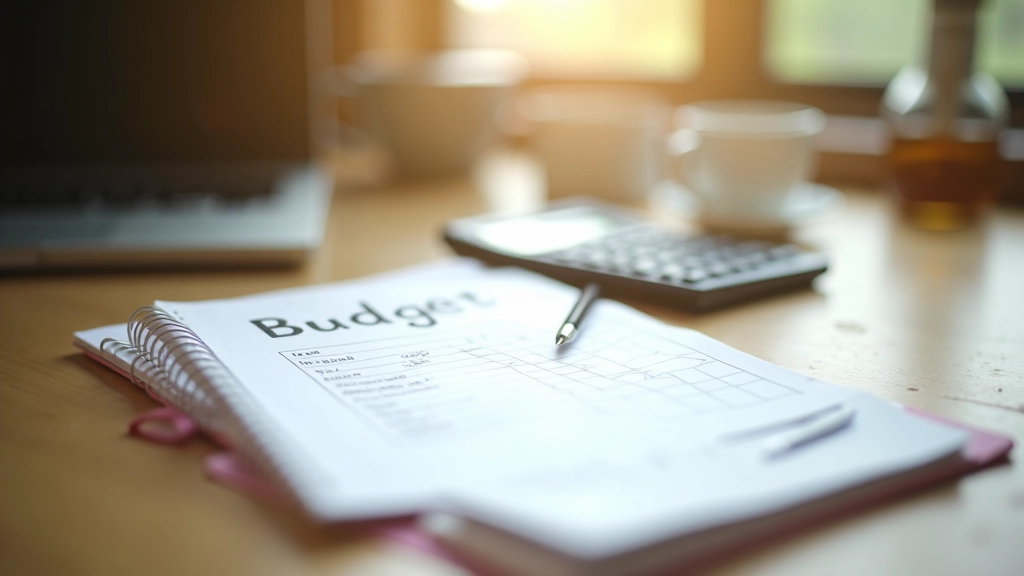 Notebook with budget spreadsheet, calculator, and pen on desk with cup of tea