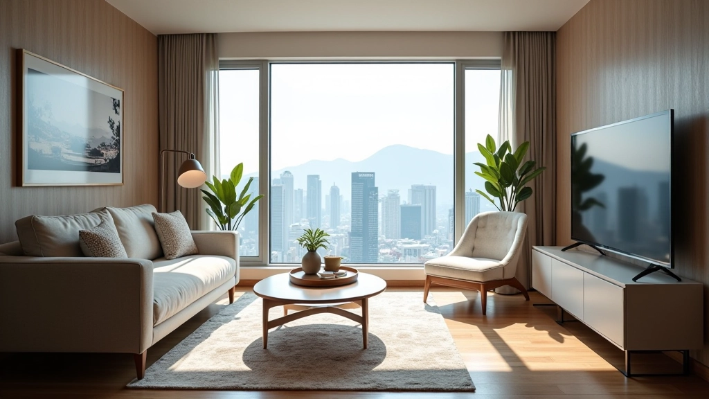 Hong Kong apartment interior showing living room with furniture and city skyline view