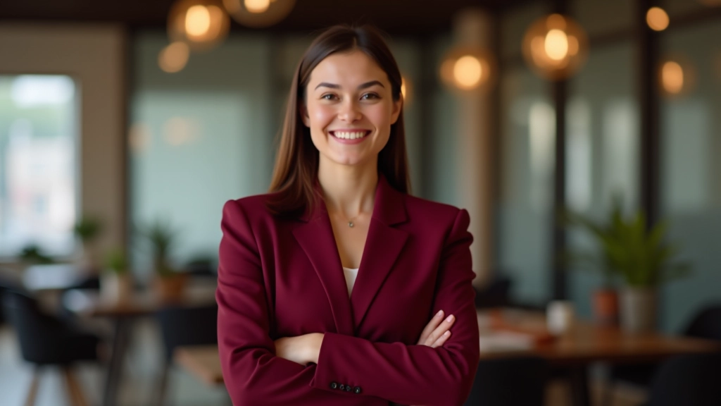 Woman with arms crossed confidently, professional setting, portrait view